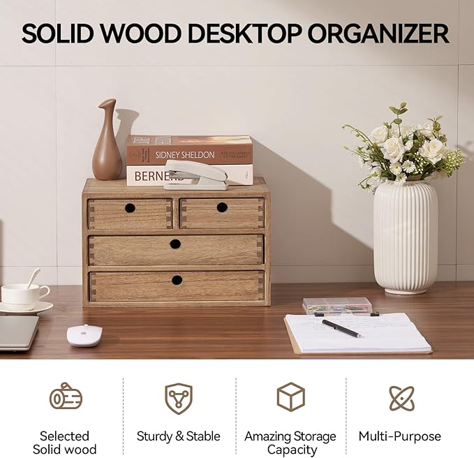 KIRIGEN Wood Desktop Storage Cabinet with 4 Drawers, 3-Tier Desk Organizer for Letter-Size Paper, Mail, Home Office Supplies, Makeup, Crafts, Desk or Countertop, Fully Assembled, Brown WJG34-DBR