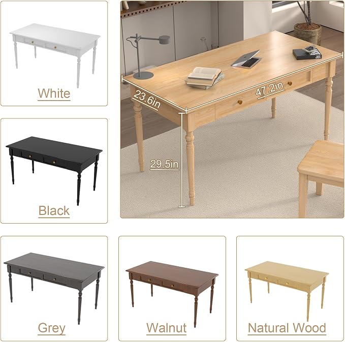 Solid Wood French Country Desk,Writing Desk with Storage Drawers,Farmhouse Computer Table Makeup Table Modern Simple Style,for Home Office Living Room Study Workspace Bedroom (Wood, 47.2IN)