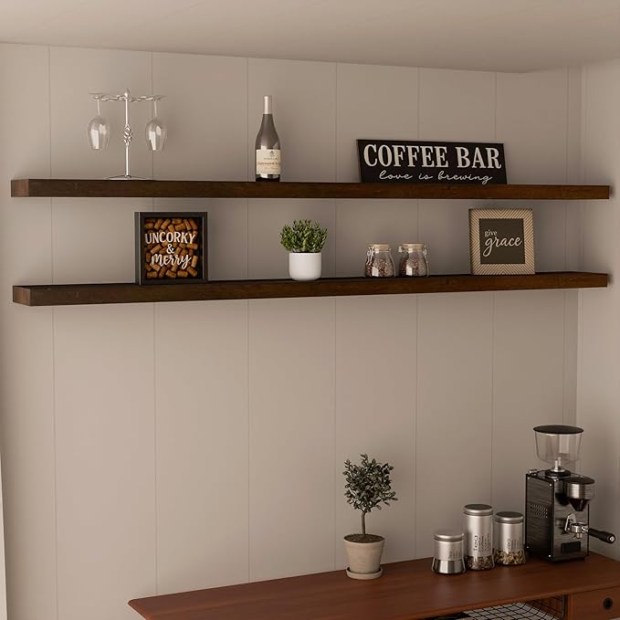 IEO Long Wooden Floating Shelves for Room Wall, Natural Wood Floating Shelves Wall Mounted Kitchen Shelf for Living Room, Bedroom, Kitchen,Bathroom, Storage (Walnut, 72in 2tier)