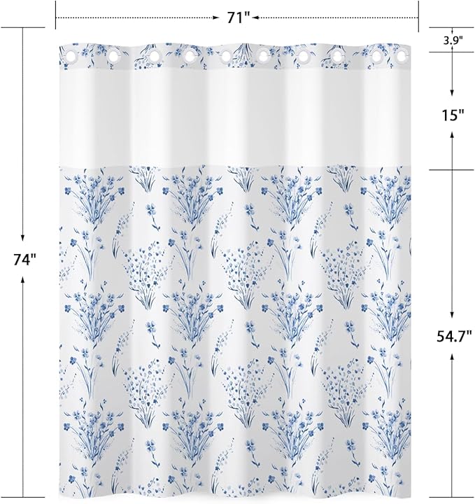 No Hook Bathroom Shower Curtain and Liner Set, Watercolor Blue Floral in White Cloth, Double Layer Waterproof Fabric Bath Tub Curtain with Snap in Liner, See Through Top, 71 x 74 Inch