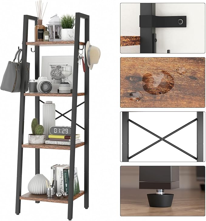 YMYNY 4 Tiers Ladder Bookcase, Industrial Narrow Bookshelf, Open Display Rack with 4 S Hooks, Metal Storage Shelves for Bedroom, Home Office, Living Room, Rustic Brown, 49.2H*13.4L*11.8W, UHBC024H