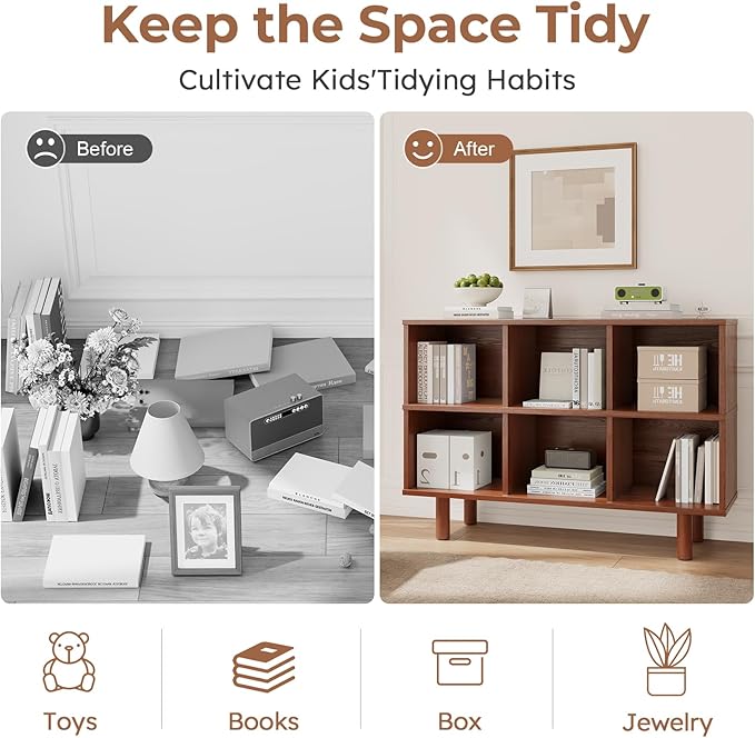 Solid Wood 6 Cube Storage Organizer, Horizontal Bookshelf with Storage, 2 Shelf Bookcase, 6 Cube Shelf, TV Stand Bookshelf, Small Book Shelf for Kids Rooms, Bedroom, Living Room, Offices (47.2 Wide)