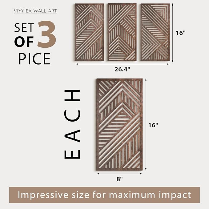 VIYYIEA Boho Solid Wood Carved Wall Art Set of 3, Geometric Minimalist Wooden Home Decor Panels, Handcrafted Solid Wood Wall Hanging for Living Room Bedroom Hallway, 16 x 8 Inch Each (Sunset Brown)