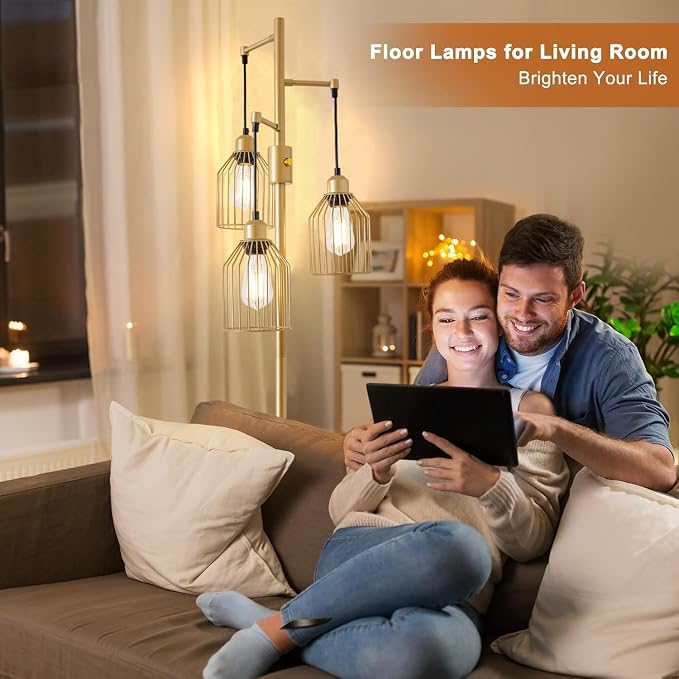 Dimmable Industrial Floor Lamp with 3 Cage Heads, 68.5" Gold Tree Standing Lamp with Stepless Dimming, Modern Farmhouse Tall Pole Light for Living Room, Bedroom, Office, E26 Base (Bulbs Included)