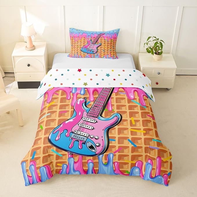 Erosebridal Guitar Music Comforter Cover Twin for Girls - Blue Pink Ice Cream Drip Dessert Bedding Set Sweet Candy Duvet Cover,Summer Dessert Party Bed Set