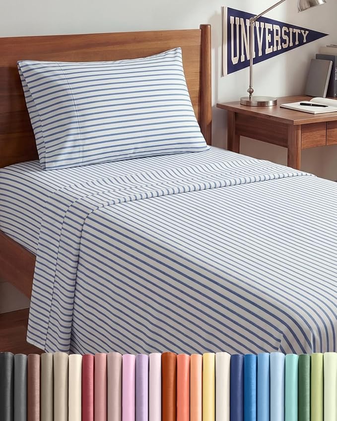 Twin XL Size 3 Piece Sheet Set - Comfy Breathable & Cooling Sheets - Hotel Luxury Bed Sheets for Women & Men - Deep Pockets, Easy-Fit, Soft & Wrinkle Free Sheets - Blue Stripes Oeko-Tex Bed Sheet Set