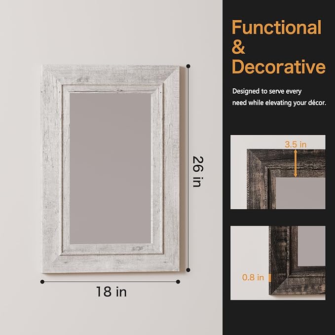 Rustic Wall-Mounted Vanity Mirror, Solid Wood Frame Bathroom Mirror, Farmhouse Style for Living Room, Bedroom, Entryway, Horizontal/Vertical Hanging