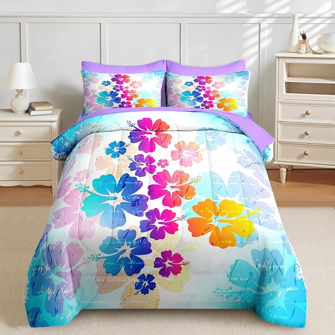 Nesker Comforter Set King Size, Hawaiian Flower Floral 7 Pcs Bedding for Kids and Adults, Hibiscus Hawaii Blue Bed Sheet Sets with Fitted Sheet 2 Pillowcases & 2 Shams