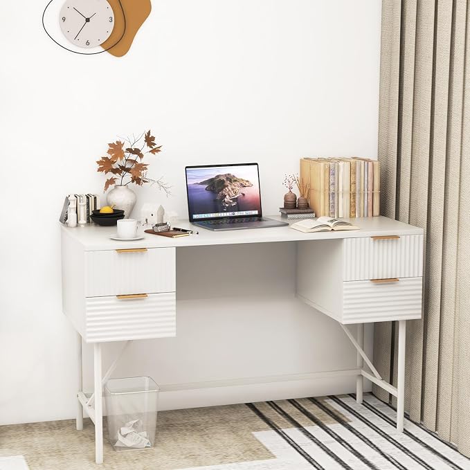 Tangkula White Desk with 4 Drawers, 48 Inch Home Office Desk with Storage, Modern Computer Desk Study Writing Desk with Metal Frame for Bedroom, Study, Office