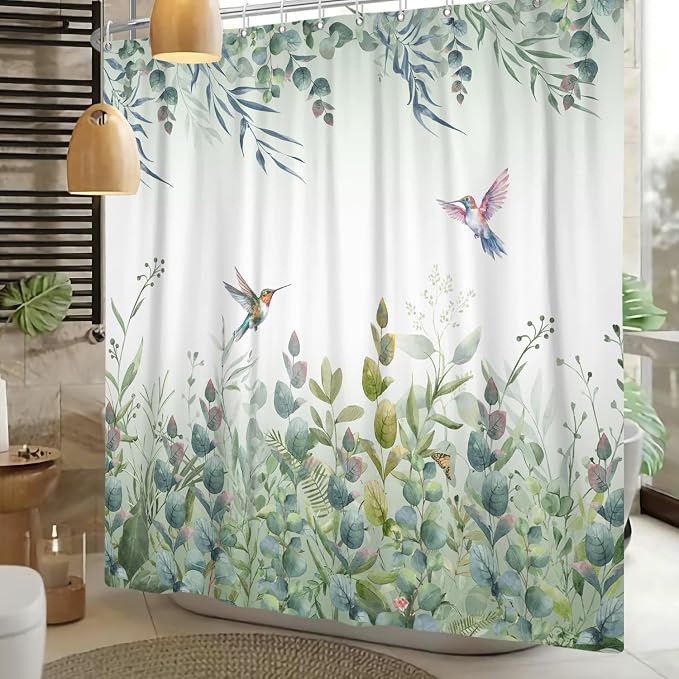 Green Leaf Shower Curtain Colourful Bird Eucalyptus Bathroom Curtain Plant Leaves Botanical Hummingbird Spring Summer Shower Curtain Sets for Bathroom Extra Long 60x72 in with 10 Hooks