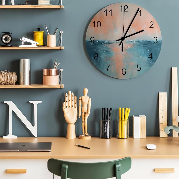 Oil Painting Style Wall Clock Battery Operated Non-Ticking 10" Round Wood Clocks, Abstract Yellow Blue Ocean Sunset Kitchen Wall Clock for School Bathroom Living Room Home Office Wall Decor