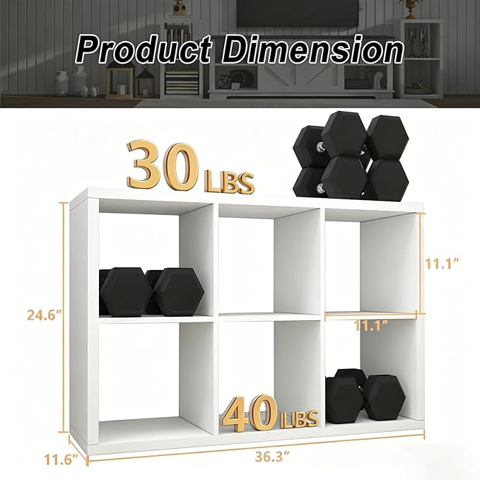 CTESNE【2026 Wooden Thick Frame 6 Cube Storage Organizer Shelf with Anti-Tipping Kits + Reversible Open Back Bookcase, Horizontal and Vertical Dual-use（White,11inch）