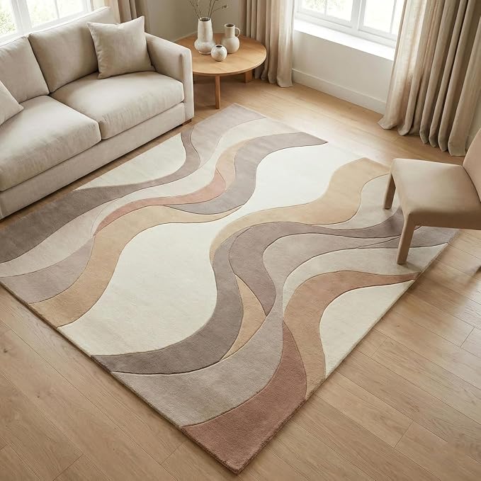 Geometric Multicolor Hand Tufted Wool Area Rug Modern Style Curve Pattern Warm Backing Floor Rug for Bedrooms Lounge Entryways & Gallary 3x5 Feet