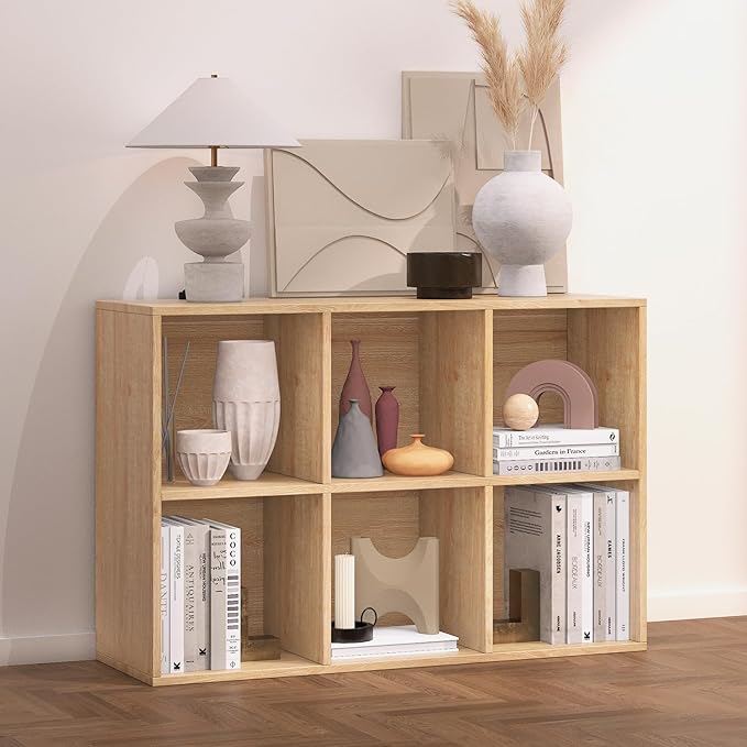 Wooden 6 Cube Storage Organizer with Closed Back Panel,Oak Cube Shelf Heavy Duty Cubby Storage Organizer with Compartments for Living,Display Shelf,Bookshelf
