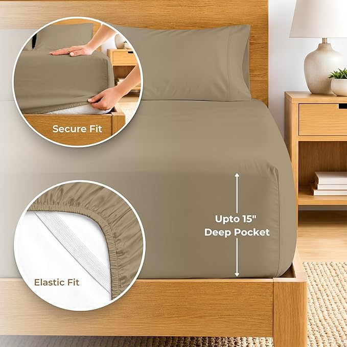 SGI bedding 100% Egyptian Cotton Sheets Queen Size – 600 Thread Count Sheets Set, Soft, Cooling, 15" Deep Pocket, Luxury Hotel Bedding, Breathable, Durable - Taupe