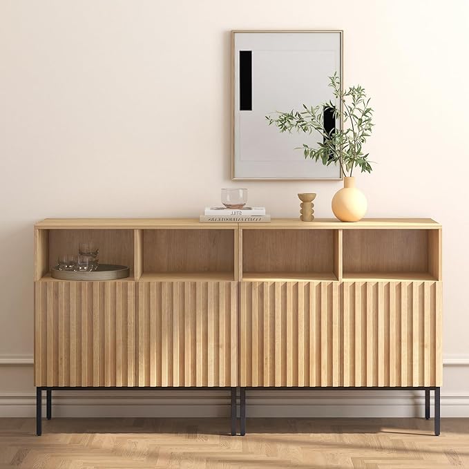 Oxford Fluted Storage Cabinet, Sideboard Buffet Credenza with Doors, Accent Console for Living Dining Room, Entryway, Natural Oak (Raised Panel, Two doors-1pc)