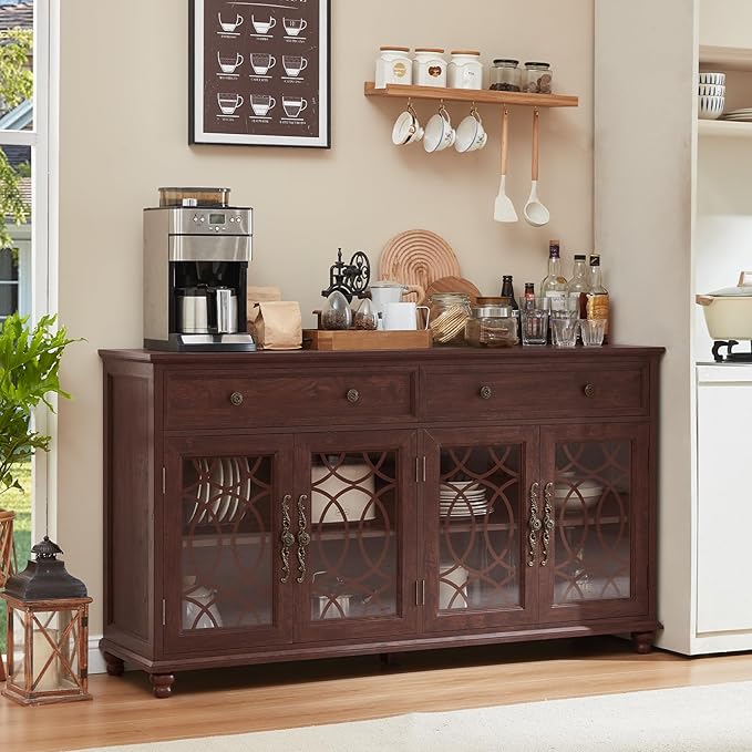 Large Sideboard Buffet Cabinet Set of 2 with Storage,59" Credenza with 4 Glass Doors & 2 Drawers,Adjustable Shelves Coffee Bar,Wood Kitchen Console Table for Dining Room,Walnut