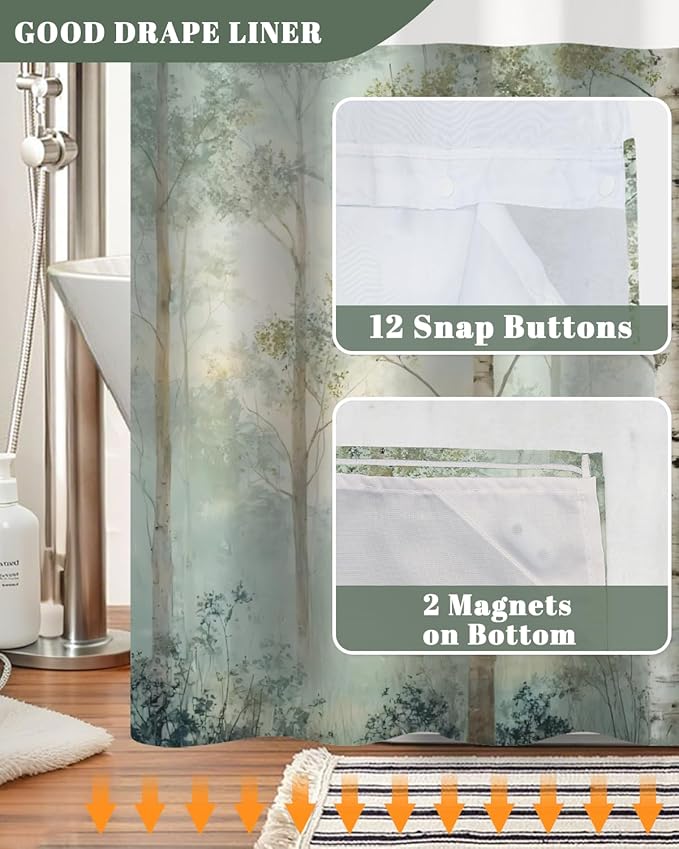 No Hook Shower Curtain and Liner Set, Birch Tree Forest Double Layer Waterproof Fabric Bath Tub Curtain for Rustic Farmhouse & Woodland Bathroom Decor, See Through Top, 71 x 74 Inch