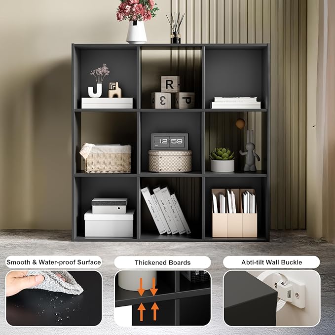 Sweetcrispy 9 Cube Storage Organizer - Open Cube Bookshelf with 5 Removable Back Panels, Display Storage Bookcase for Living Room, Bedroom, Entrance Hall, Home Office，36" Lx11.6 Wx36 H, Black