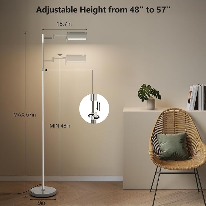 SUNMORY Dimmable LED Pharmacy Floor Lamp, 16W/1500LM Bright Reading Floor Lamp with Remote & Touch Control, 350°Swing Arm, Adjustable Task Craft Standing Lamp for Living Room Bedroom Office, Nickel