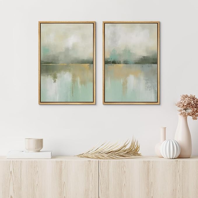 IDEA4WALL Framed Canvas Print Wall Art Set Golden Mist Lake Abstract Water Landscape Illustrations Modern Art Decorative Coastal Cottage Seascape for Bedroom - 24"x36"x2 Natural
