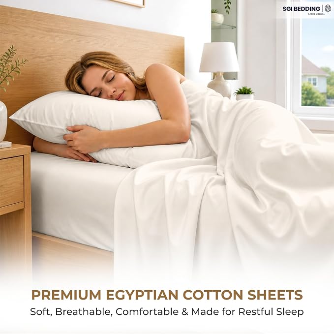 SGI bedding 100% Egyptian Cotton Sheets Twin Size – 600 Thread Count Sheets Set, Soft, Cooling, 15" Deep Pocket, Luxury Hotel Bedding, Breathable, Durable - Butter