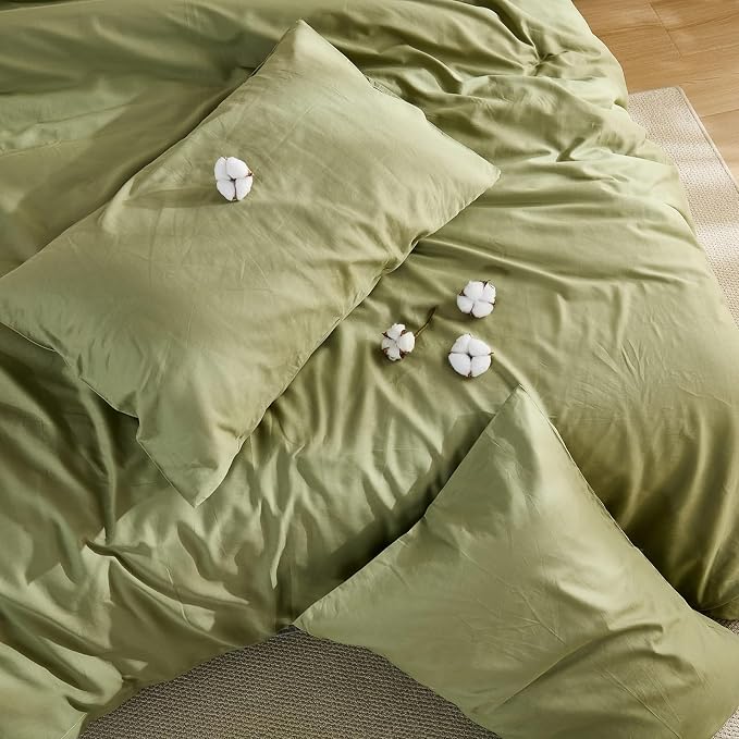 100% Washed Cotton Duvet Cover King Size – Avocado Green, Linen-Like Texture, Super Soft & Breathable Bedding Set, 3-Piece Durable Percale Comforter Cover