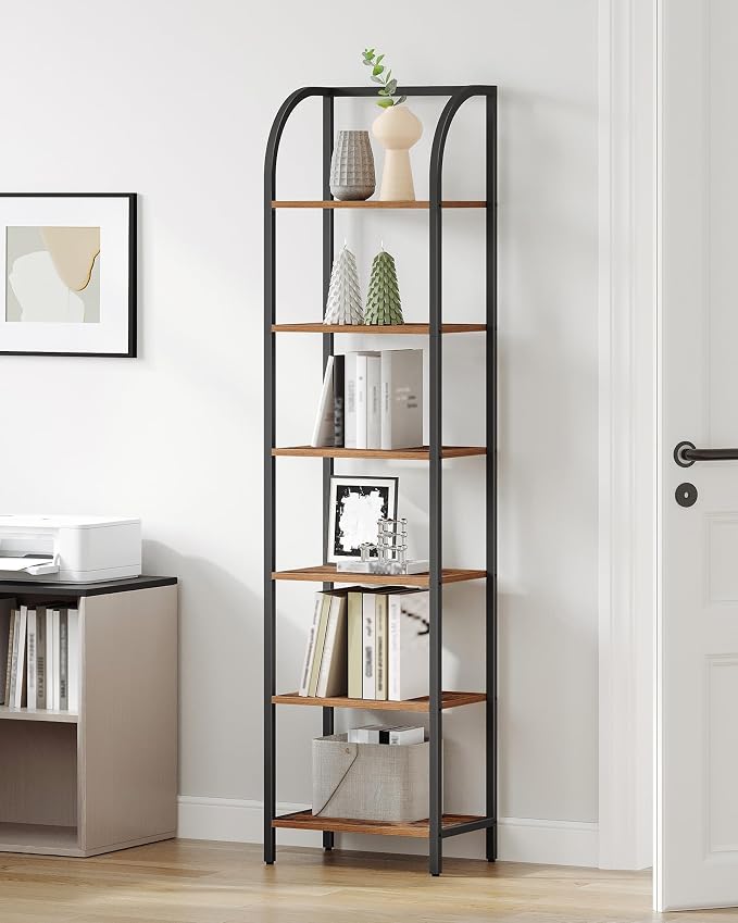 Hzuaneri Bookshelf Narrow Bookcase, Tall Storage Rack with Steel Frame, Display Standing Shelf Unit, Skinny Book Shelf for Study Living Room Home Office, Industrial Style, 6-Tier Rustic Brown BC56401B