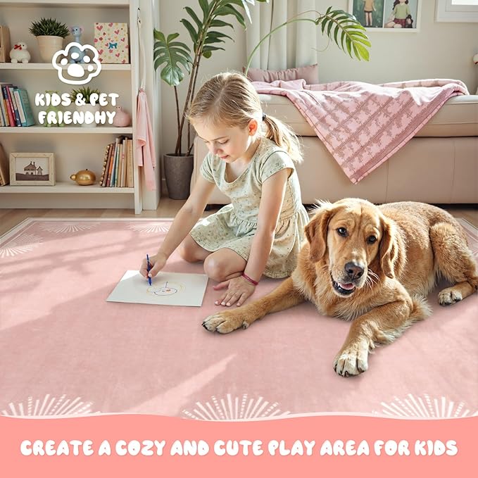 Hedlive Modern Pink 8x10 Rug for Living Room,Ultra Thin Washable Bedroom Rug 8x10 Under Bed, Non Slip Sun Print Large Rugs, Non Shedding Throw Carpet for Girls Room Nursery Dorm(8'x10',Pink)