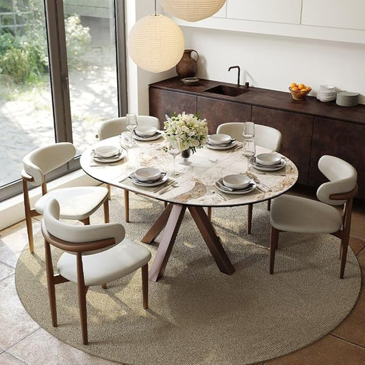 POVISON Modern Extendable Dining Table, 47" to 63" Round to Oval Sintered Stone Kitchen Table with Carbon Steel Pedestal Base for 4-6, Pandora with Bronze(Table Only
