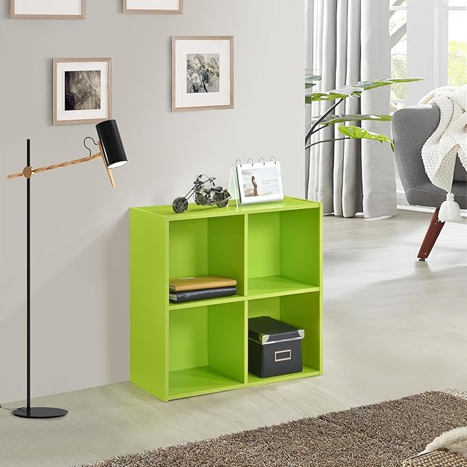 Kings Brand Furniture George 4-Cube Storage Organizer, 2-Tier Bookcase with Wood Shelves for Living Room, Bedroom, Nursery, or Home Office (Green, 2-Pack)