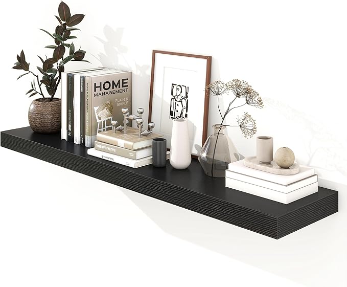12 Inch Deep Floating Shelves | 55 Inch Black Floating Shelves | 55" W x 12" D Rustic Wood Shelves for Wall | Deep Black Shelves for Living Room Bathroom Laundry Room Kitchen