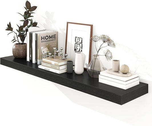 12 Inch Deep Floating Shelves | 55 Inch Black Floating Shelves | 55" W x 12" D Rustic Wood Shelves for Wall | Deep Black Shelves for Living Room Bathroom Laundry Room Kitchen