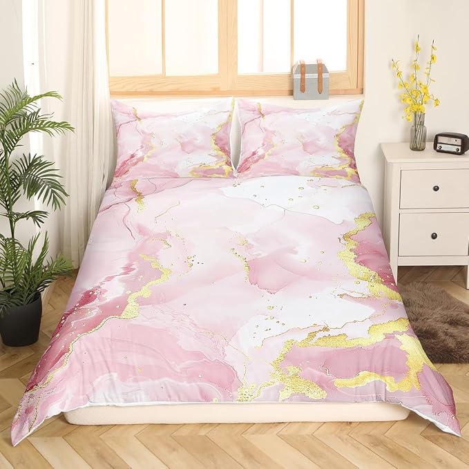 Erosebridal Girls Pink Marble Duvet Cover Queen Pastel Watercolor Bedding Set, Abstract Artwork Comforter Cover Girly Aesthetic Bed Set, Geometric Marbling Mountain Fluid Bedding (Zipper Closure)