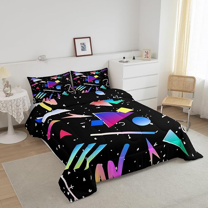 Manfei Memphis Comforter Set Full Size, Colorful Geometric Abstract Bedding Set 3pcs for Kids Boys Girls, Retro 80s 90s Fashion Style Quilt Set Soft Polyester Duvet Set with 2 Pillowcases