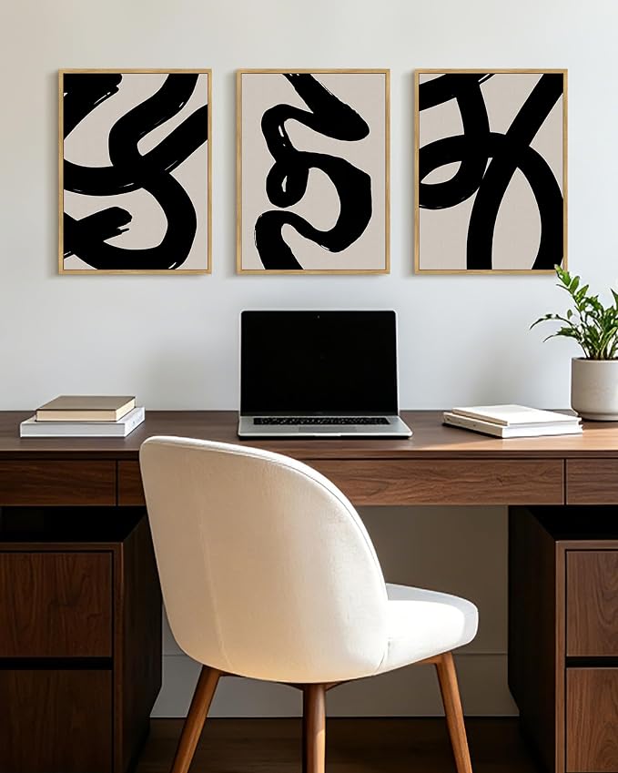 KUVIOKE Black Abstract Framed Wall Art Ink Wash Minimalist Lines Canvas Painting Artwork for Bedroom Hallway 12x16in (Natural Framed)