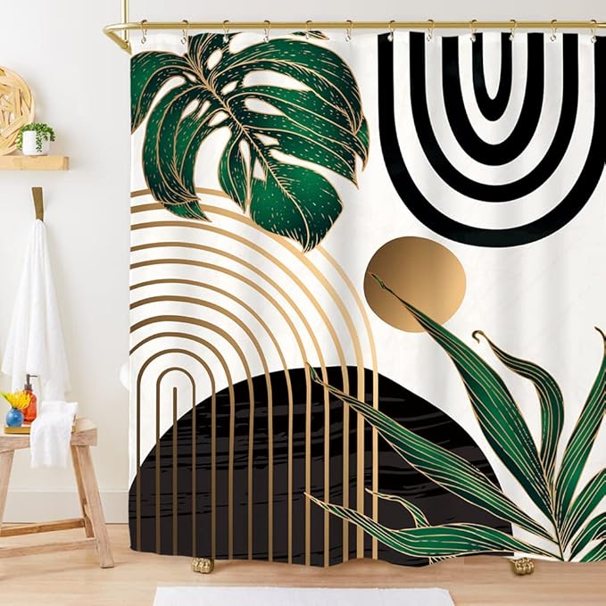 Miyotaa Abstract Emerald Green Shower Curtain Set 60Wx71H Inches Mid Century Minimalist Modern Tropical Leaves Geometric Contemporary Polyester Waterproof Bathroom Curtain with 12 Hooks