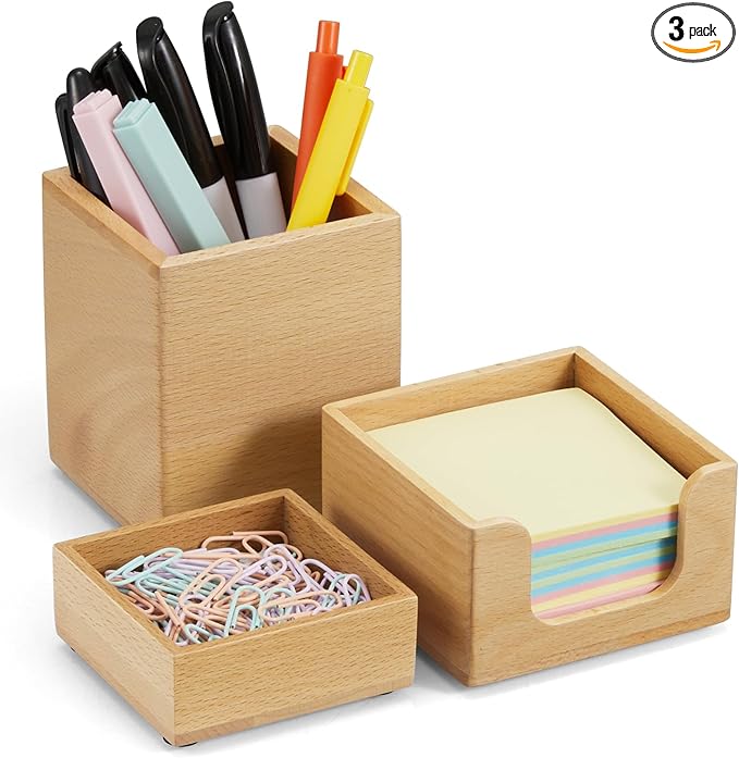 Desk Organizer Set of 3 - Wood Office Desk Accessories - Desk Organizers and Accessories for Women Men - Set incl. Pencil Pen Holder, Paperclip Storage and Sticky Note Holder