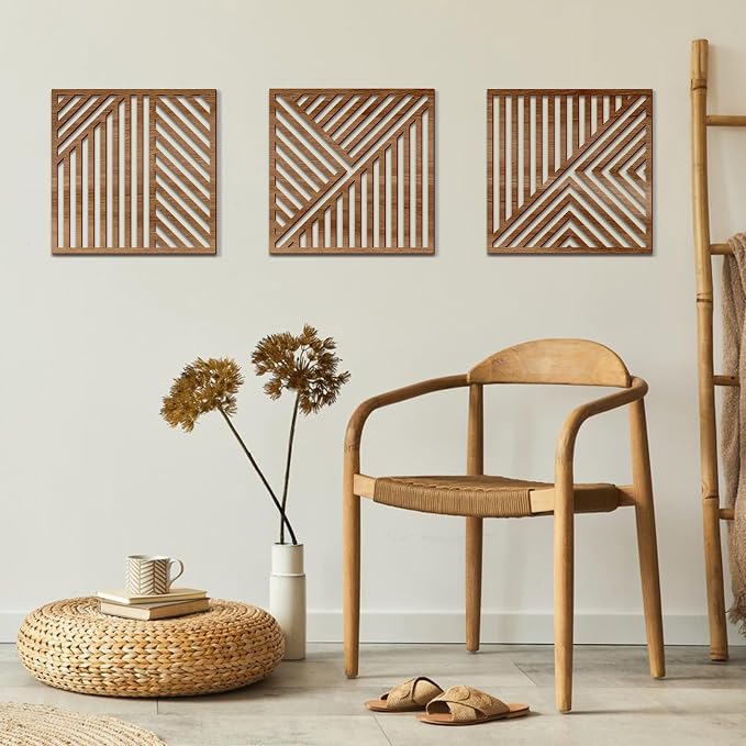 Bnesi 3 Piece Abstract Geometric Wood Wall Art Decor Modern Boho Minimalist Slatted Design Wall Sculpture Art Decor for Living Room Bedroom Home Bathroom (Classic, Medium)