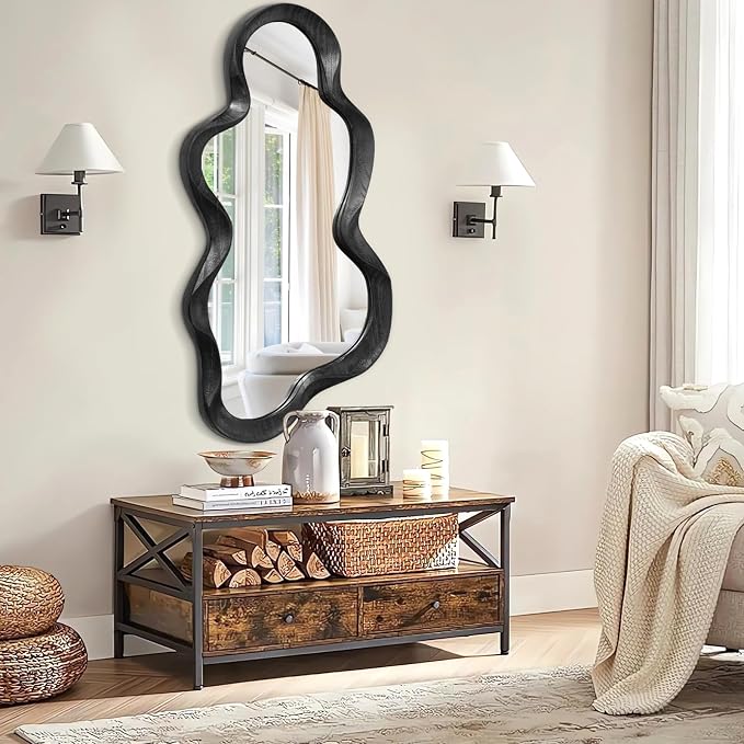 Irregular Wooden Framed Wall Mirror Modern Asymmetrical Cloud Hanging Mirror Artistic Mirror Decor Bathroom Vanity Bedroom Living Room Entryway Hallway Large 47" x 22" Black