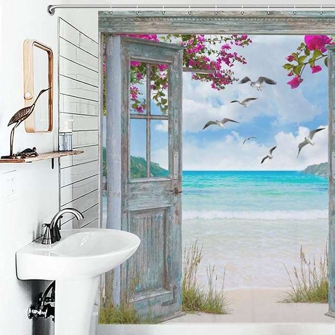 Ocean Beach Shower Curtains,Farmhouse Scenery Sea Wave Retro Wood Rustic Nature Landscape Bathroom Decor Polyester Fabric Waterproof Bathroom Curtain with Hooks,72x78Inch