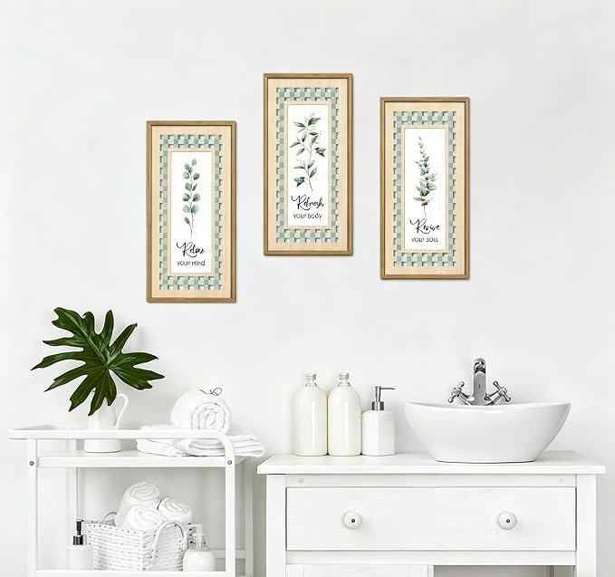 IARTTOP Sage Green Bathroom Wall Art Set of 3 Eucalyptus Leaf Wall Decor Relax Refresh Revive Bathroom Hanging Decor Light Green Botanical Plant Art Painting Framed for Farmhouse Living Room Office 8x16Inch