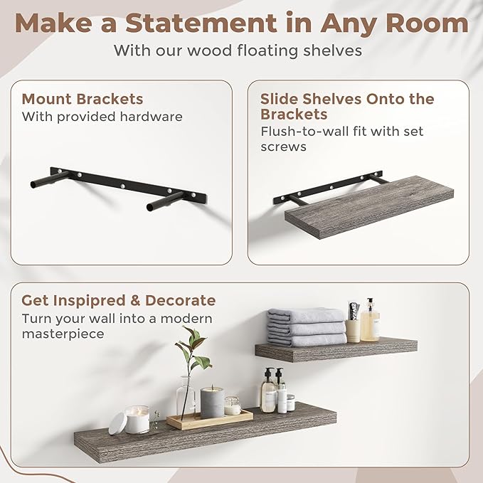 16 Inch Floating Shelves for Wall Set of 2, 8"D Wood Grain Bathroom Shelves with Invisible Brackets, Easy Install Engineered Wood Storage Shelves for Kitchen, Living Room, Bedroom, Grey Oak Finish
