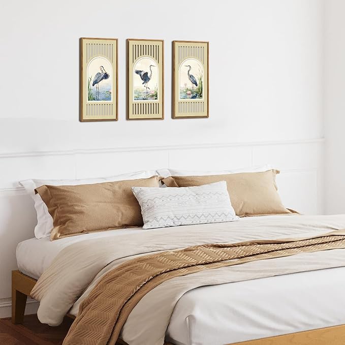 IARTTOP Great Blue Heron Wall Decor Set of 3 Farmhouse Coastal Birds Wall Art 8x16 Inch Watercolor Bird Art Prints Nature Wildlife Artwork for Living Room Bedroom Office Framed