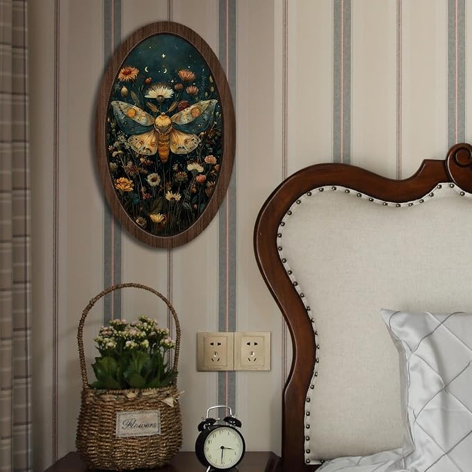 UYIKG Vintage Cottagecore Wall Art Decor,Moth Floral Oval Wall Decor,William Morris Moth Cottagecore Oval Wooden Framed Decorations for Theme Room Home Bedroom Living Room 9x14.6 in