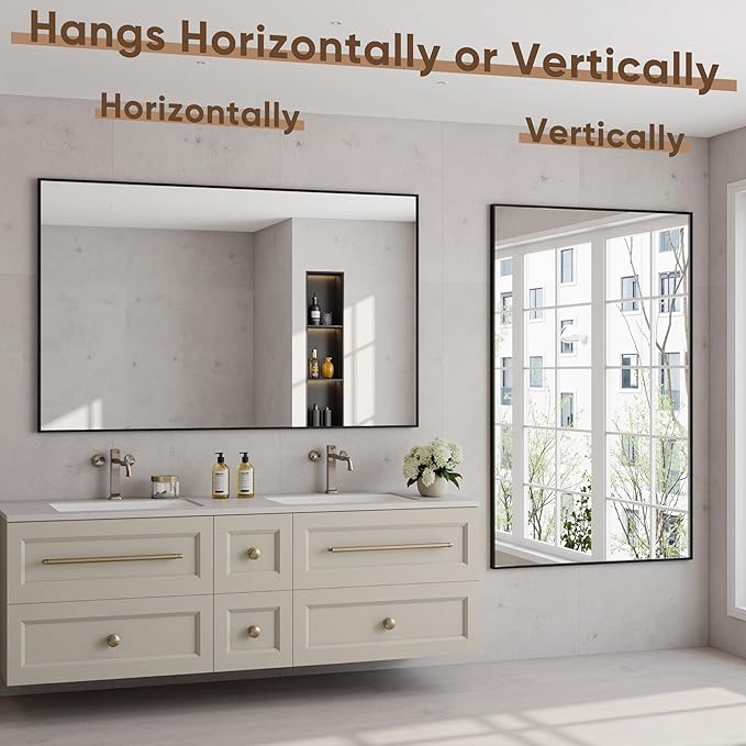 Bathroom Mirrors for Over Sink 48" x 30", Black Metal Frame Rectangle Wall Mirror, Modern Farmhouse Vanity Mirror(Horizontal/Vertical)