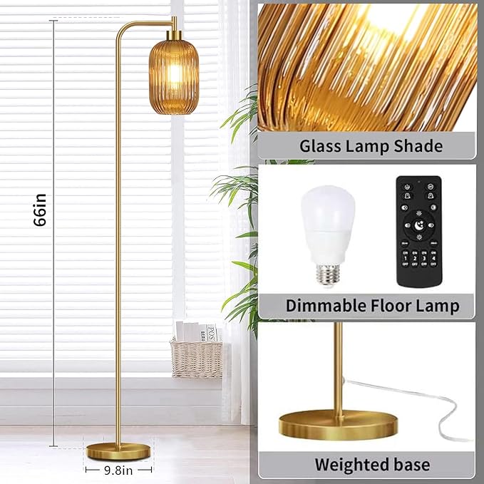 Floor Lamp for Living Room,Bedroom,Gold Dimmable Standing Lamp with Remote,Mid Century Modern Brass Tall Lamp Retro Vintage Glass Lamp Floor Light Boho Bohemian