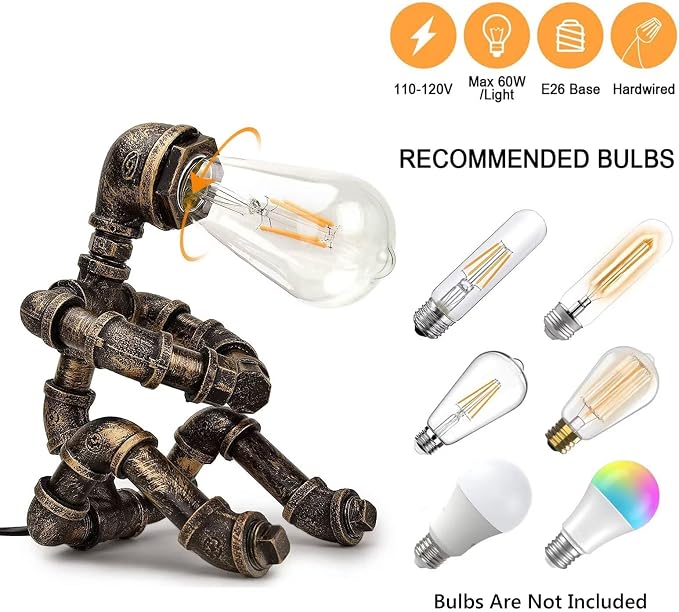 Steampunk Table Lamp, Industrial Water Pipe Lamp Retro Iron Piping Desk Lamp Vintage Nightstand Lamps for Bedroom Living Room Kitchen Café Dorm Pub