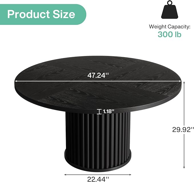 Tribesigns 47.24-Inch Black Round Dining Table for 4-6 People, Modern Fluted MDF + Metal Base Kitchen Table, Sturdy Circle Dining Room Furniture, Black