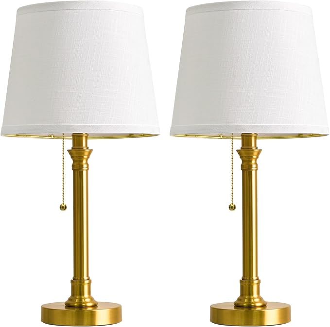 Oneach 19.5" Gold Table Lamp Set of 2, Small Bedside Table Lamps with White Linen Shade, Pull Chain Switch, USB A+C Charging Ports, Modern Nightstand Lamp for Living Room, Bedroom, Nursery